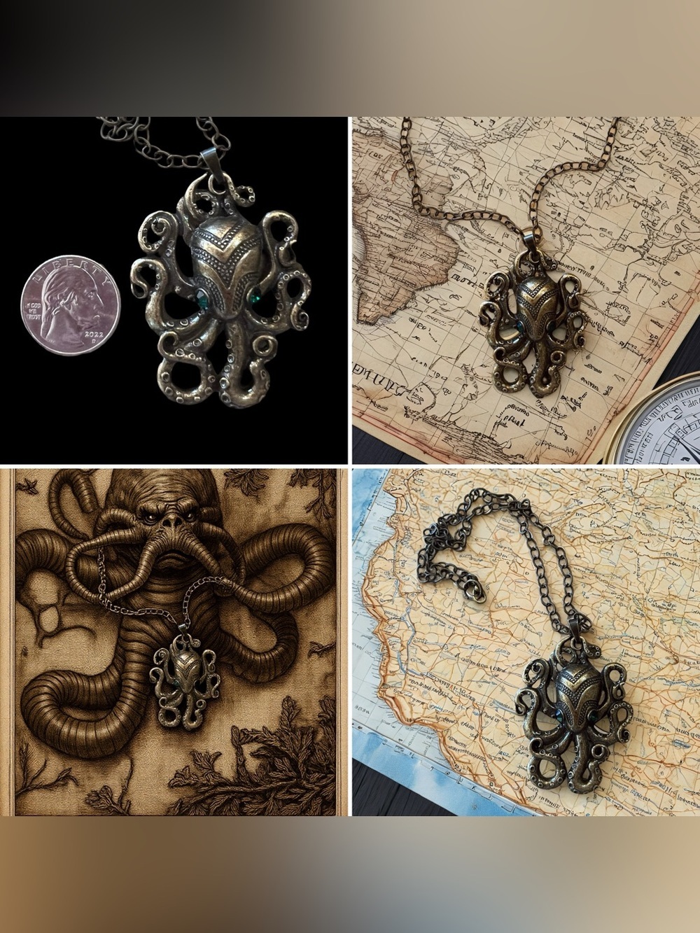 Bronze Octopus/Kraken Pendant Necklace with Green Accent Eyes - Picture 17 of 17